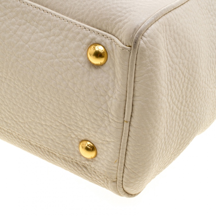 Pre Owned Prada Off White Vitello Daino Leather Bowling Bag