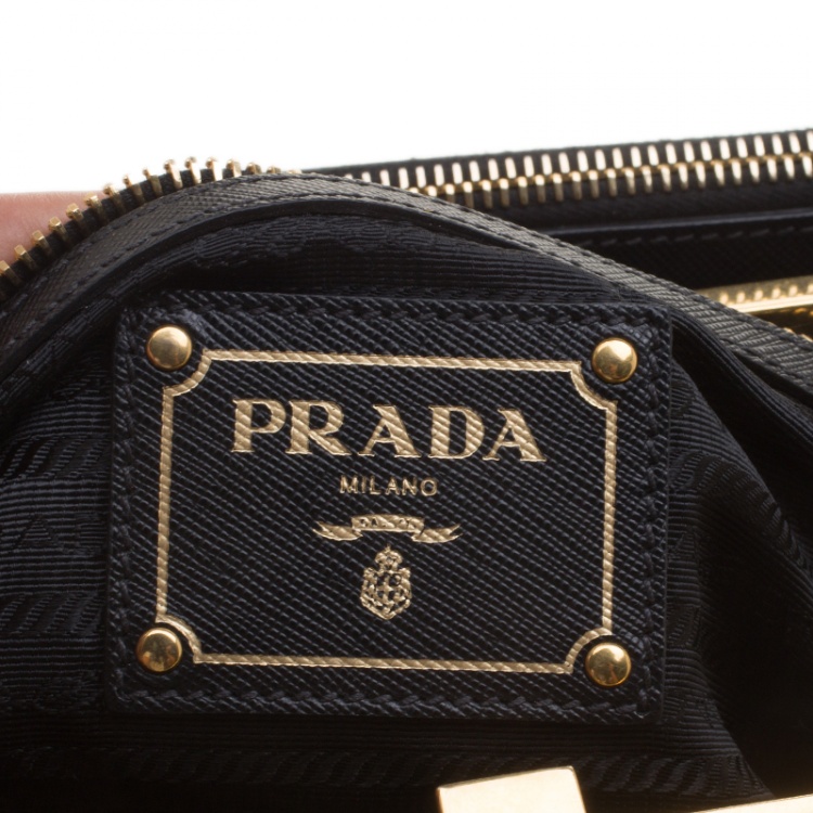 Pre Owned Prada Black Saffiano Lux Leather Frame Top Handle Bag