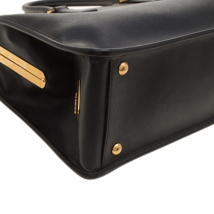 Pre Owned Prada Black Saffiano Lux Leather Frame Top Handle Bag