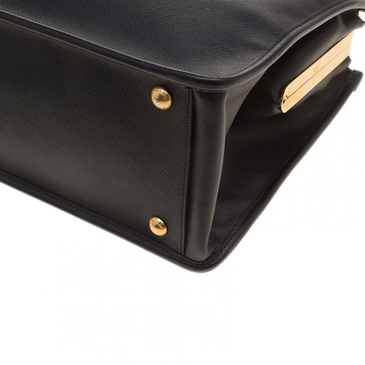 Pre Owned Prada Black Saffiano Lux Leather Frame Top Handle Bag