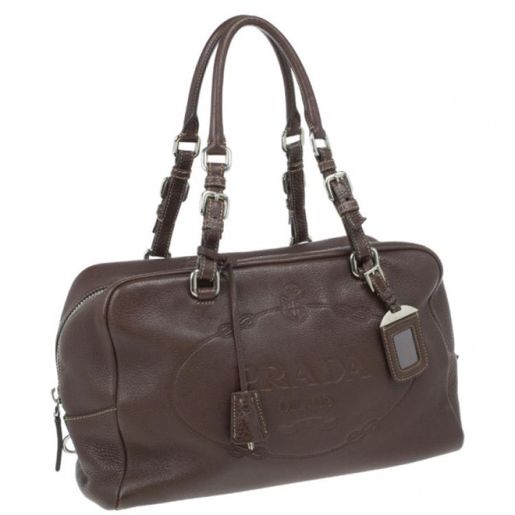 Pre Owned Prada Maroon Deerskin Logo Top Handle Bag