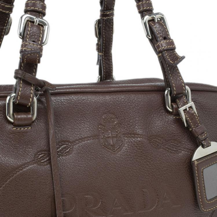 Pre Owned Prada Maroon Deerskin Logo Top Handle Bag