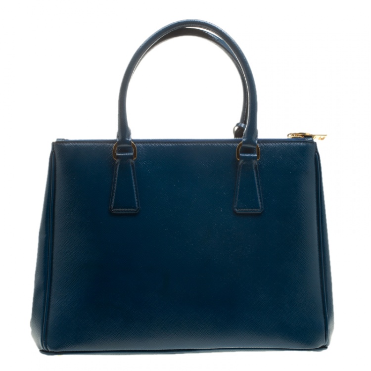 Pre Owned Prada Ocean Blue Saffiano Patent Leather Medium Front Pocket Double Zip Lux Tote 