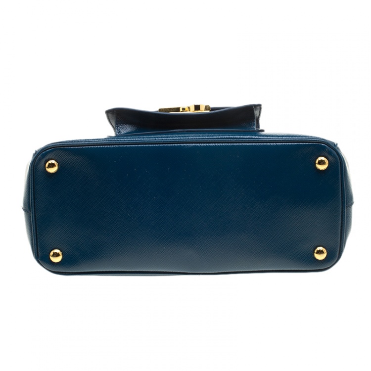 Pre Owned Prada Ocean Blue Saffiano Patent Leather Medium Front Pocket Double Zip Lux Tote 