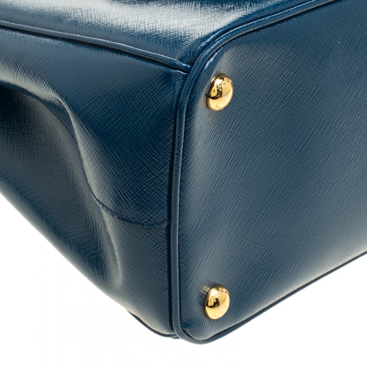 Pre Owned Prada Ocean Blue Saffiano Patent Leather Medium Front Pocket Double Zip Lux Tote 