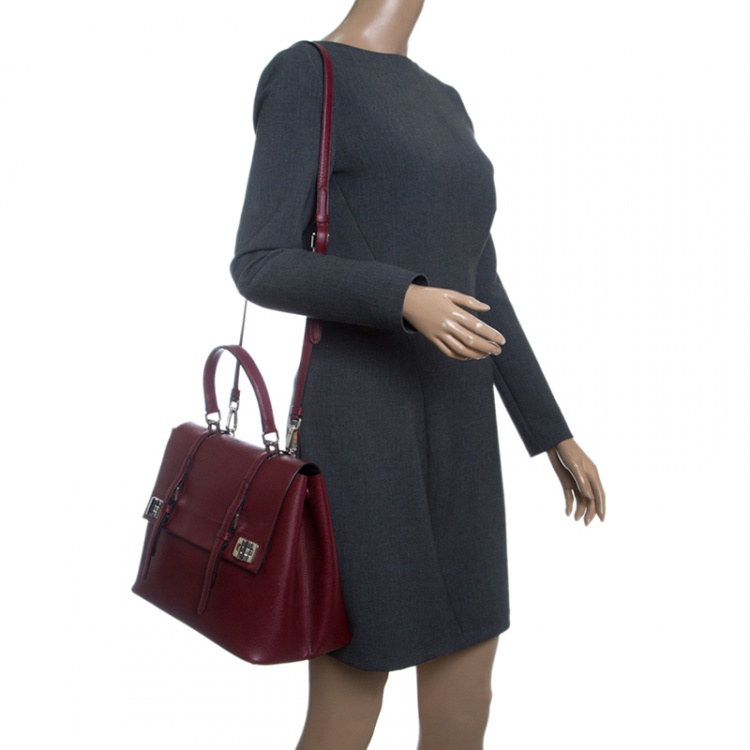 Pre Owned Prada Burgundy Saffiano Lux Leather Top Handle Bag