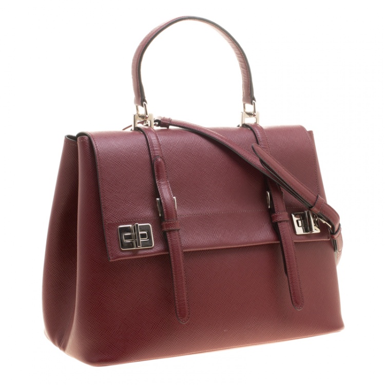 Pre Owned Prada Burgundy Saffiano Lux Leather Top Handle Bag