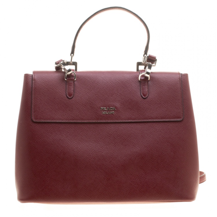Pre Owned Prada Burgundy Saffiano Lux Leather Top Handle Bag