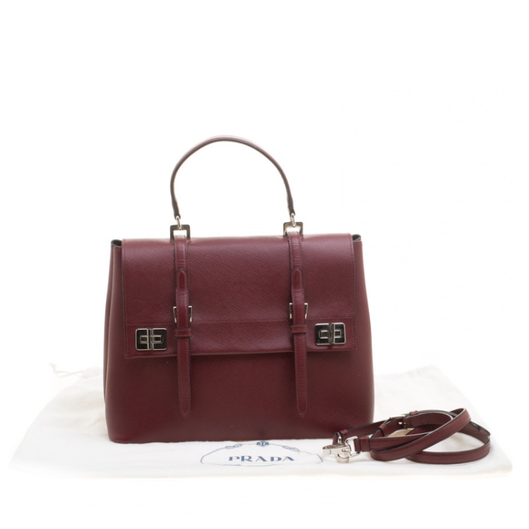 Pre Owned Prada Burgundy Saffiano Lux Leather Top Handle Bag