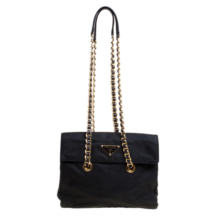 Vintage PRADA Black Tessuto Chain Shoulder Bag