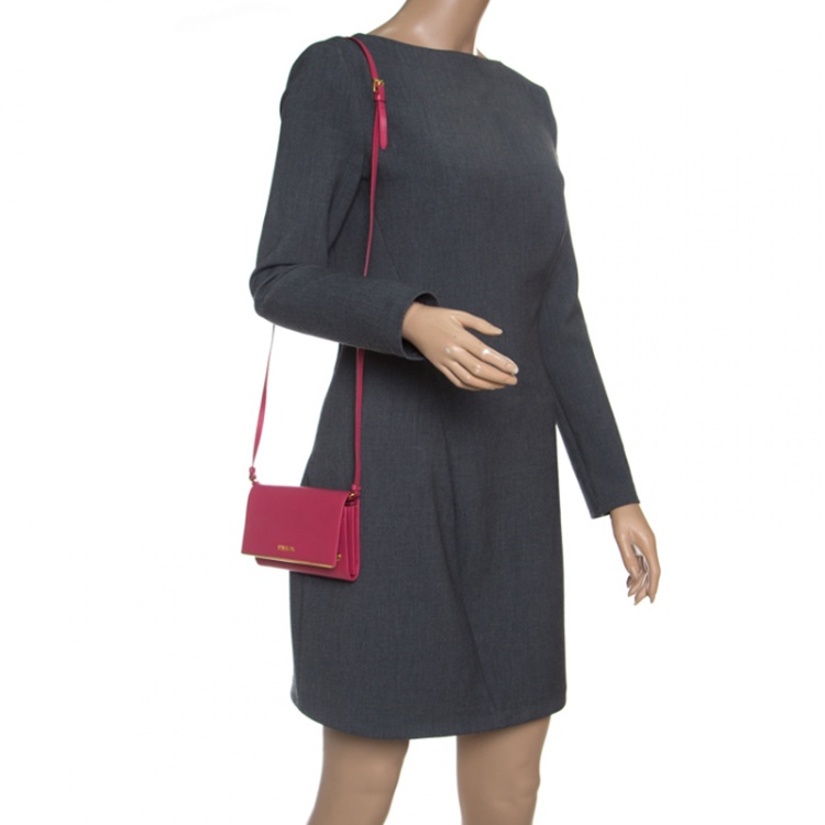 Pre Owned Prada Hot Pink Saffiano Leather Clutch Shouder Bag