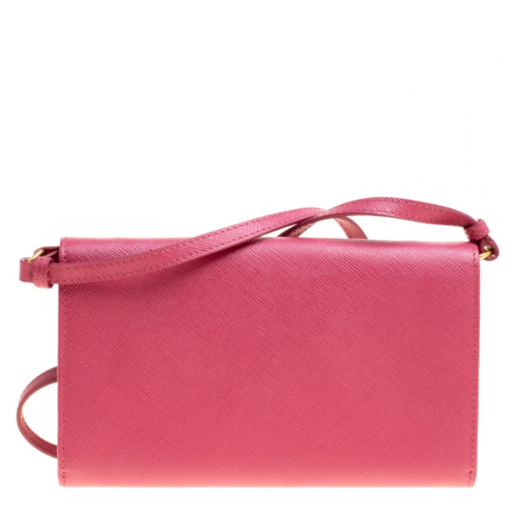 Pre Owned Prada Hot Pink Saffiano Leather Clutch Shouder Bag