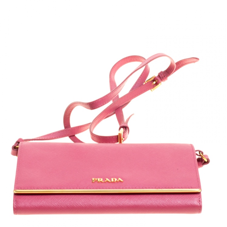 Pre Owned Prada Hot Pink Saffiano Leather Clutch Shouder Bag