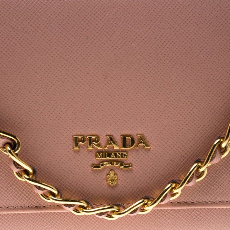 Pre Owned Prada Pink Saffiano Metal Leather Wallet on Chain