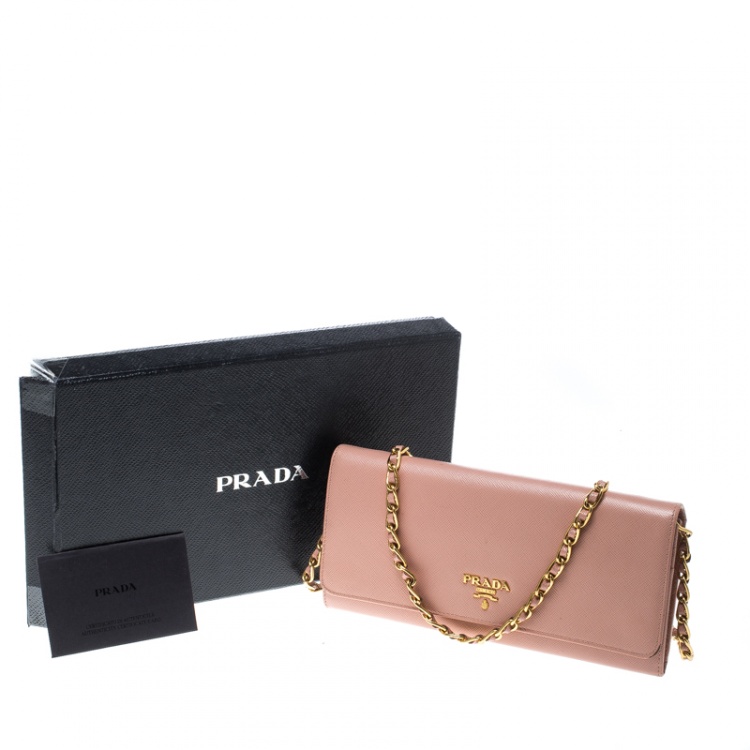 Pre Owned Prada Pink Saffiano Metal Leather Wallet on Chain