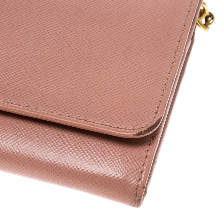 Pre Owned Prada Pink Saffiano Metal Leather Wallet on Chain