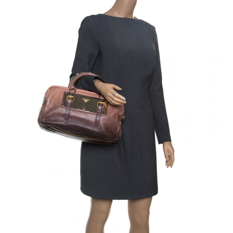 Pre Owned Prada Brown/Black Ombre Glace Leather Zippers Bauletto Bag