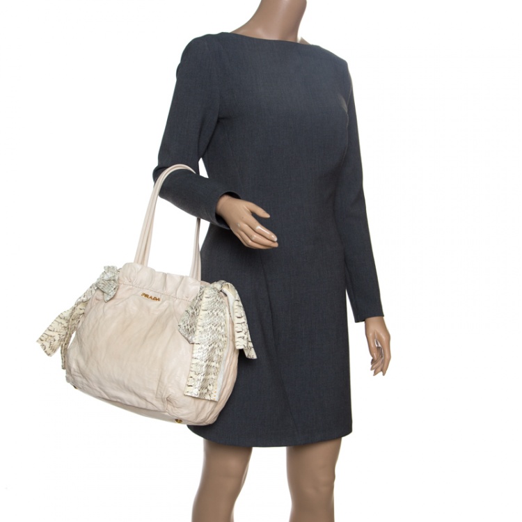 Pre Owned Prada Light Beige Leather and Python Bow Hobo