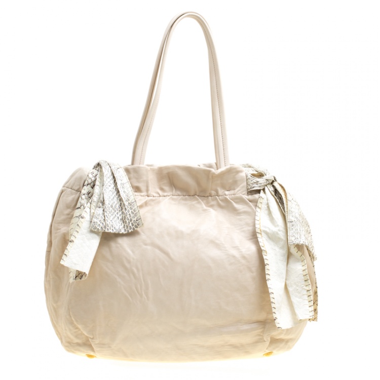 Pre Owned Prada Light Beige Leather and Python Bow Hobo