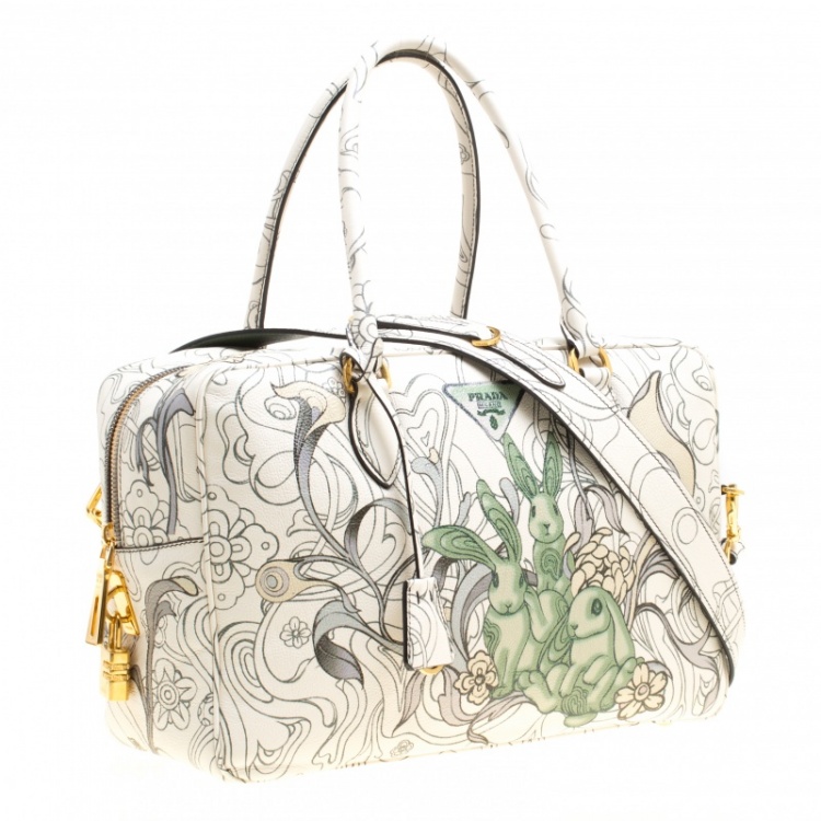 Pre Owned Prada Multicolor Rabbit Print Leather Top Handle Bauletto Bag