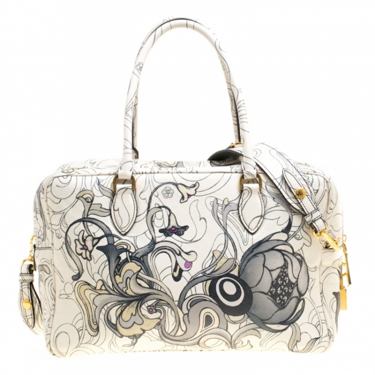 Pre Owned Prada Multicolor Rabbit Print Leather Top Handle Bauletto Bag