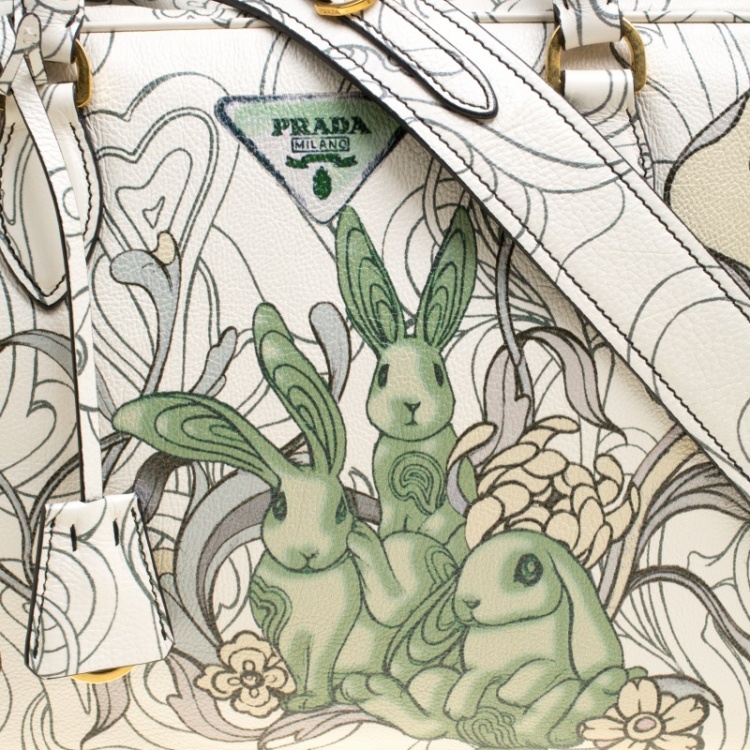 Pre Owned Prada Multicolor Rabbit Print Leather Top Handle Bauletto Bag