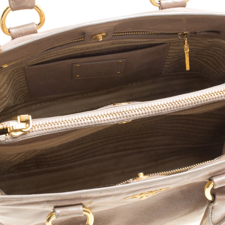 Pre Owned Prada Dark Beige Vitello Shine Leather Top Handle Bag