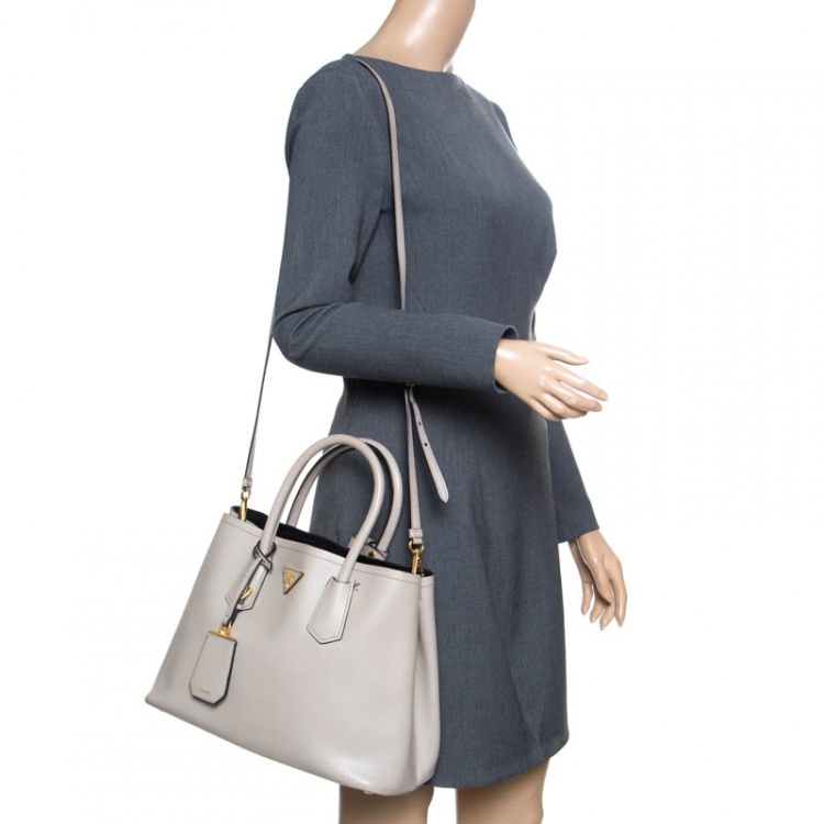 Pre Owned Prada Grey Saffiano Cuir Leather Double Top Handle Bag