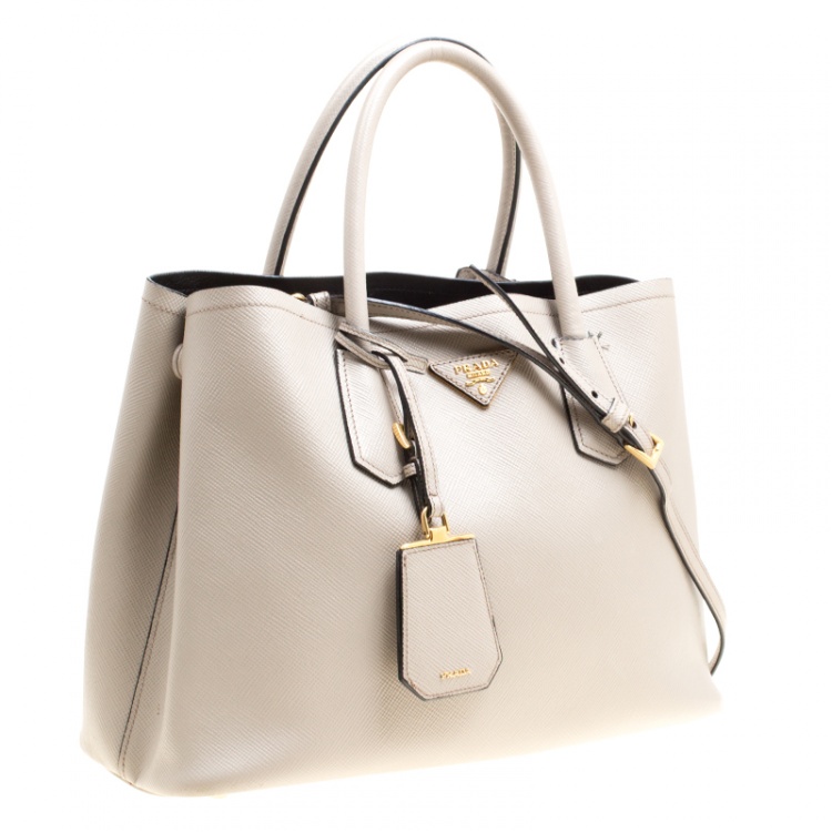 Pre Owned Prada Grey Saffiano Cuir Leather Double Top Handle Bag