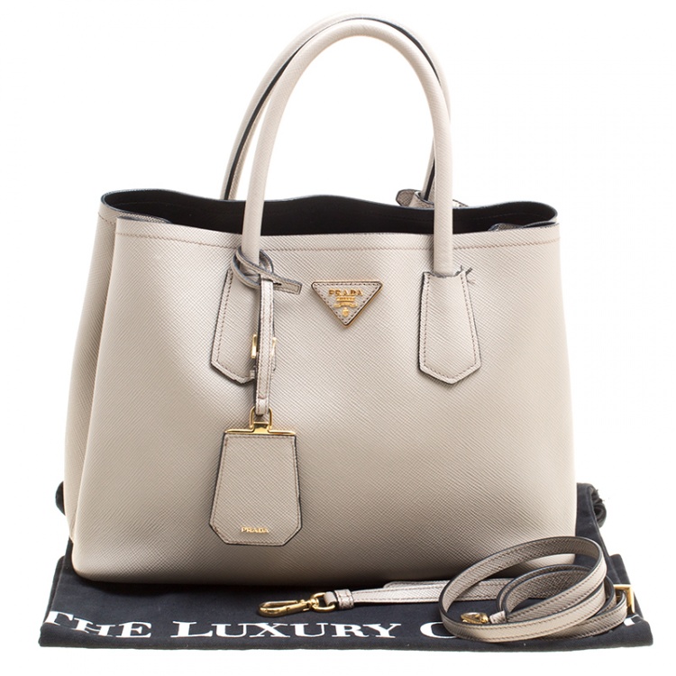 Pre Owned Prada Grey Saffiano Cuir Leather Double Top Handle Bag