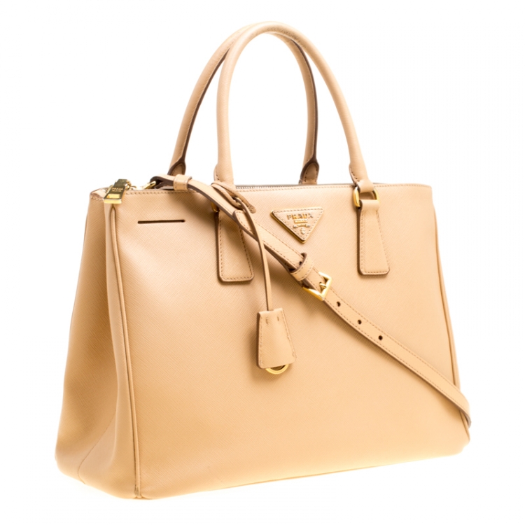 Pre Owned Prada Beige Saffiano Lux Leather Medium Galleria Double Zip Top Handle Bag