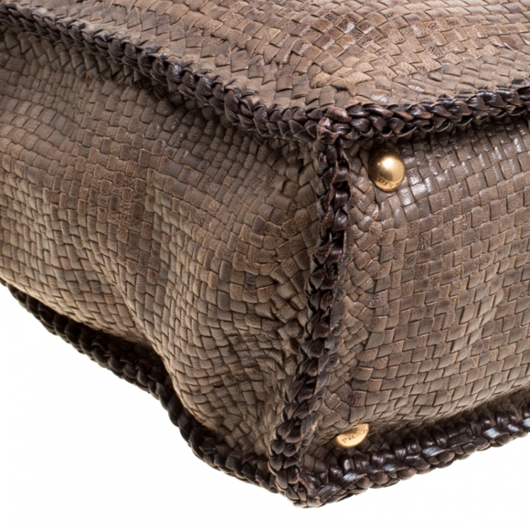 Pre Owned Prada Dark Beige Woven Leather Large Madras Tote