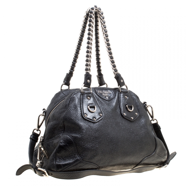 Pre Owned Prada Black Shimmering Leather Top Handle Bag