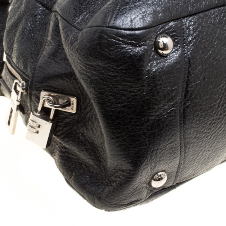 Pre Owned Prada Black Shimmering Leather Top Handle Bag