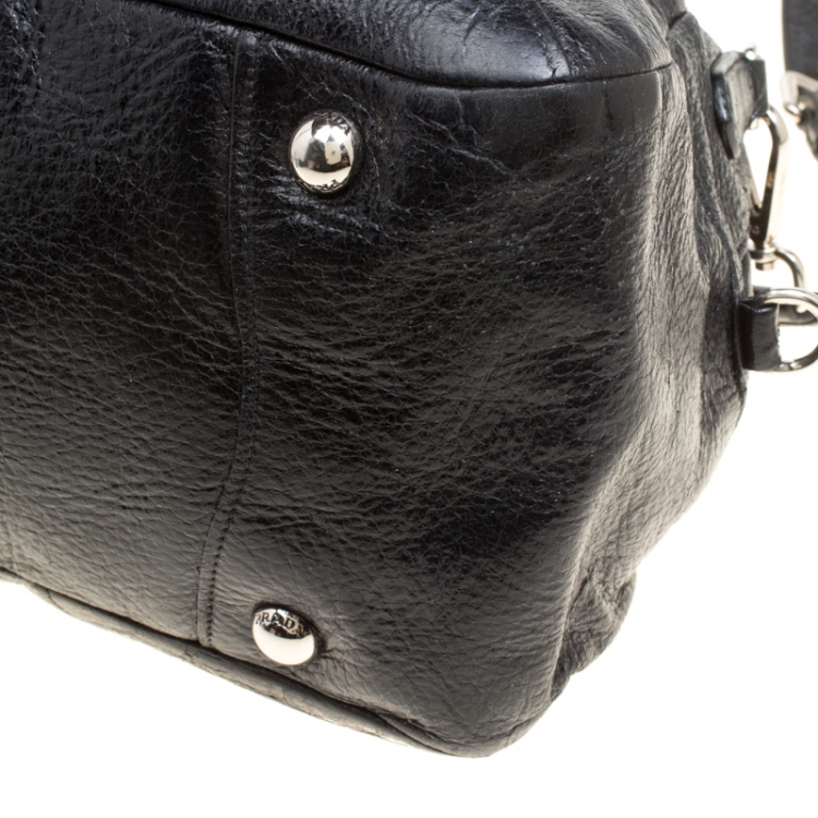 Pre Owned Prada Black Shimmering Leather Top Handle Bag