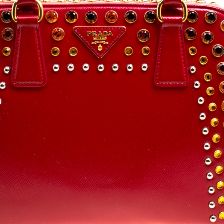 Pre Owned Prada Blush Pink/Red Patent Leather Pyramid Frame Top Handle Bag