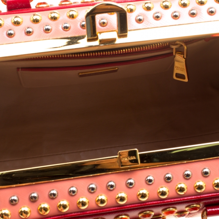 Pre Owned Prada Blush Pink/Red Patent Leather Pyramid Frame Top Handle Bag