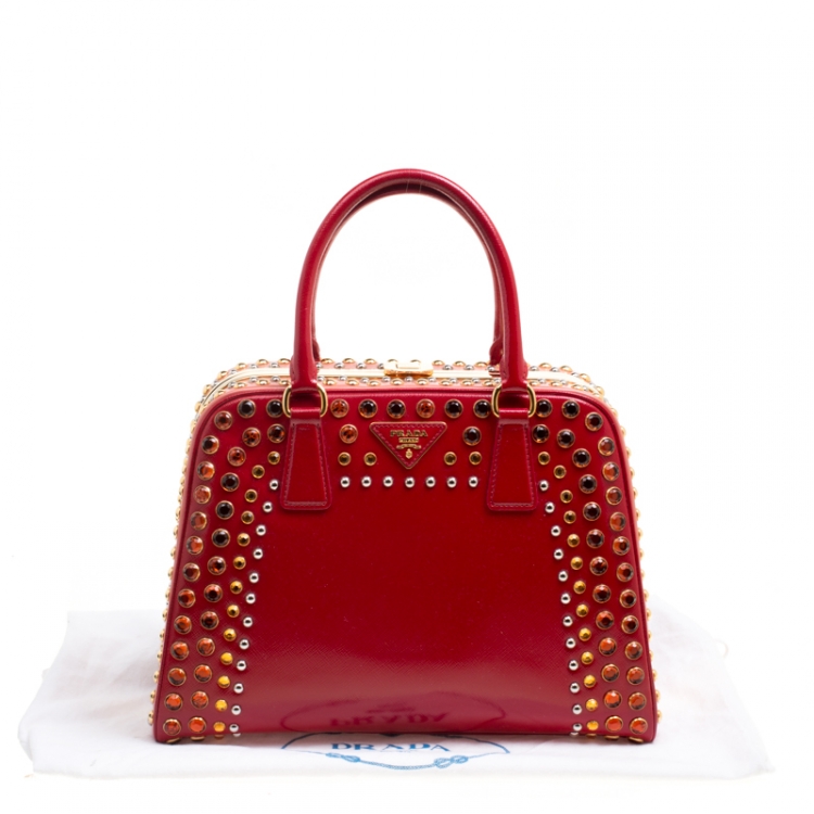 Pre Owned Prada Blush Pink/Red Patent Leather Pyramid Frame Top Handle Bag