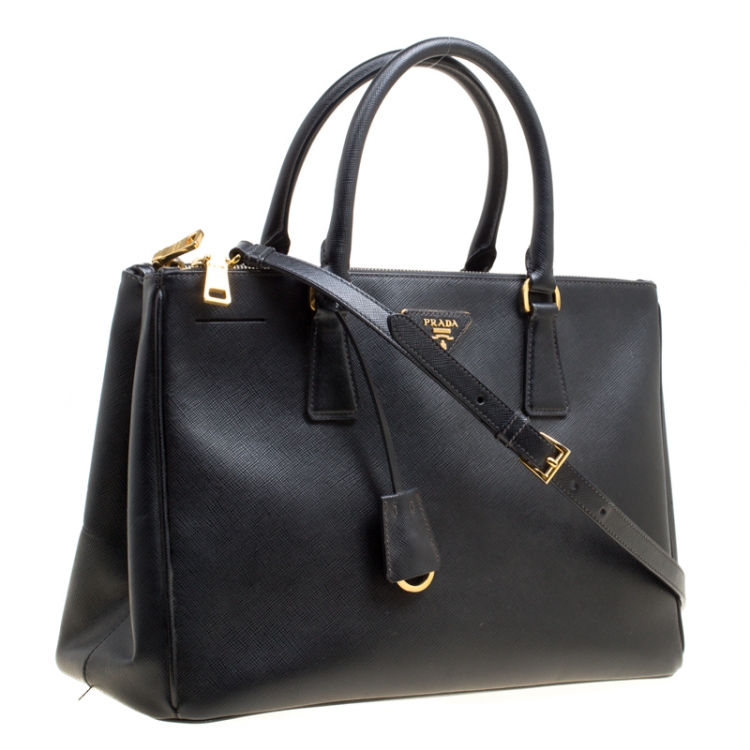 Pre Owned Prada Black Saffiano Lux Leather Medium Galleria Double Zip Top Handle Bag