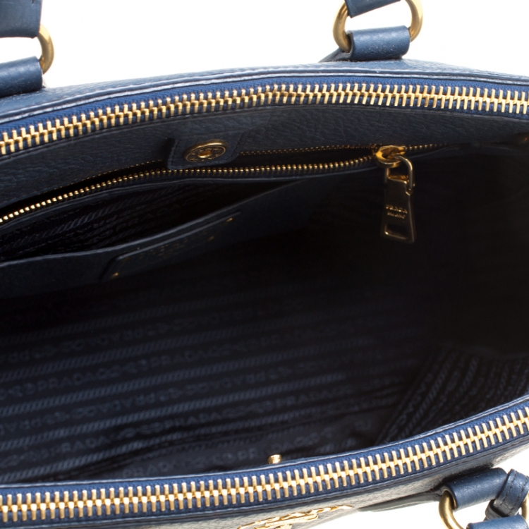 Pre Owned Prada Blue Vitello Daino Leather Double Zip Top Handle Bag