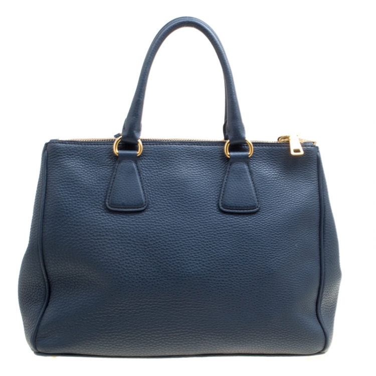 Pre Owned Prada Blue Vitello Daino Leather Double Zip Top Handle Bag