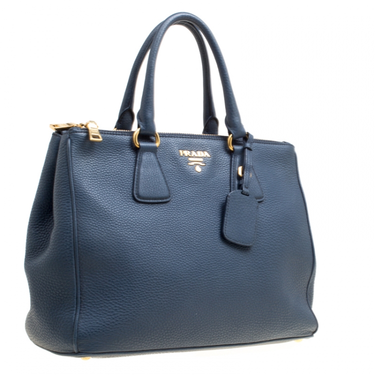Pre Owned Prada Blue Vitello Daino Leather Double Zip Top Handle Bag