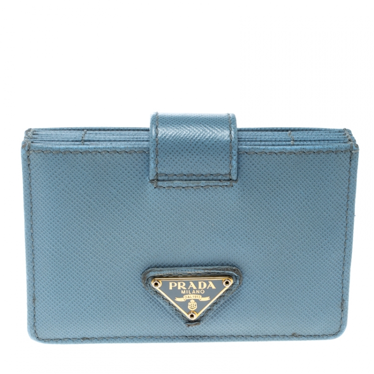 Pre Owned Prada Powder Blue Saffiano Oro Leather Accordion Card Holder