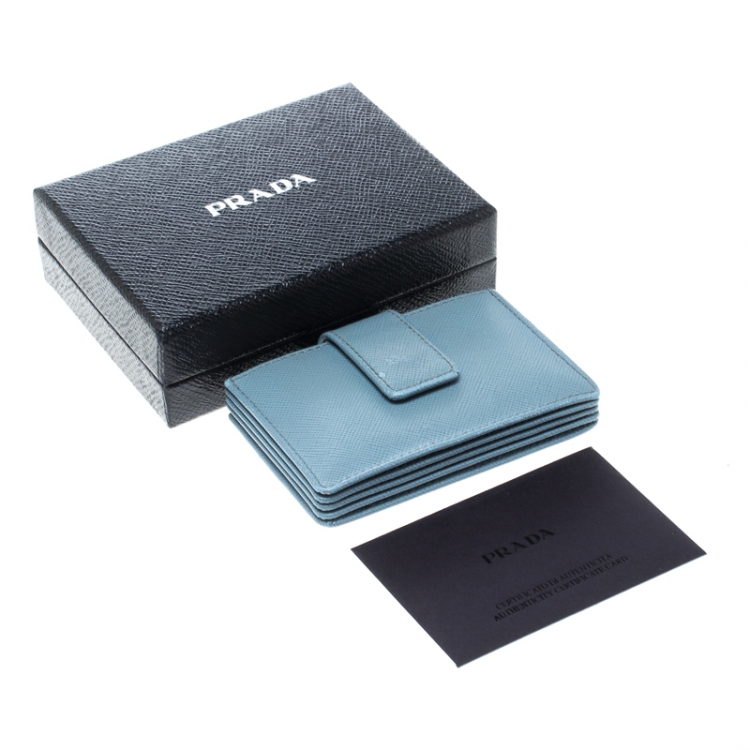 Pre Owned Prada Powder Blue Saffiano Oro Leather Accordion Card Holder