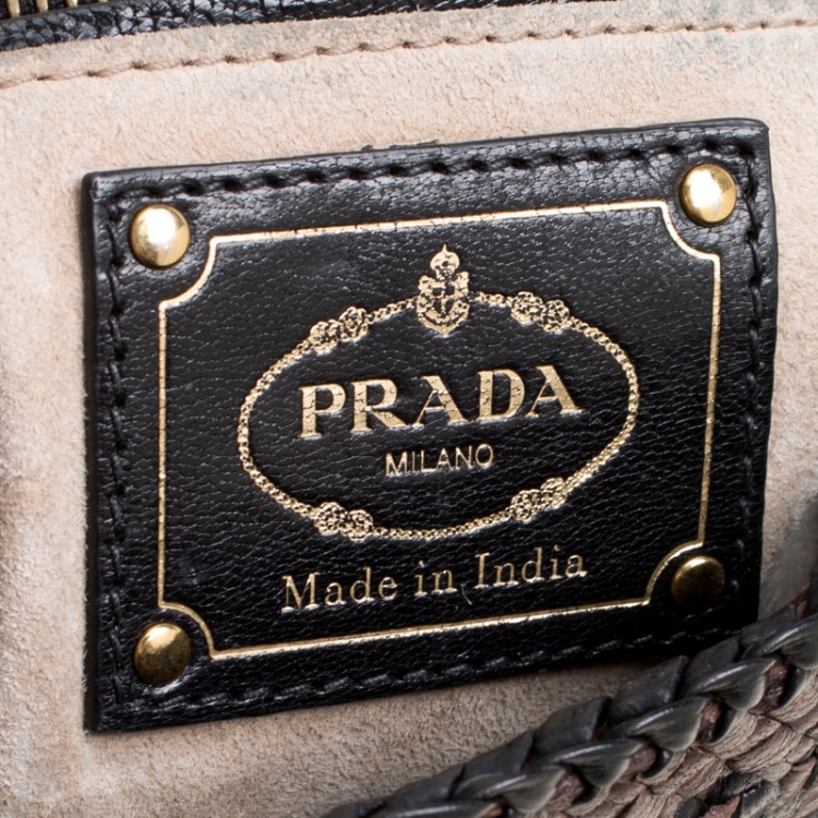 Pre Owned Prada Brown Woven Leather Madras Top Handle Bag