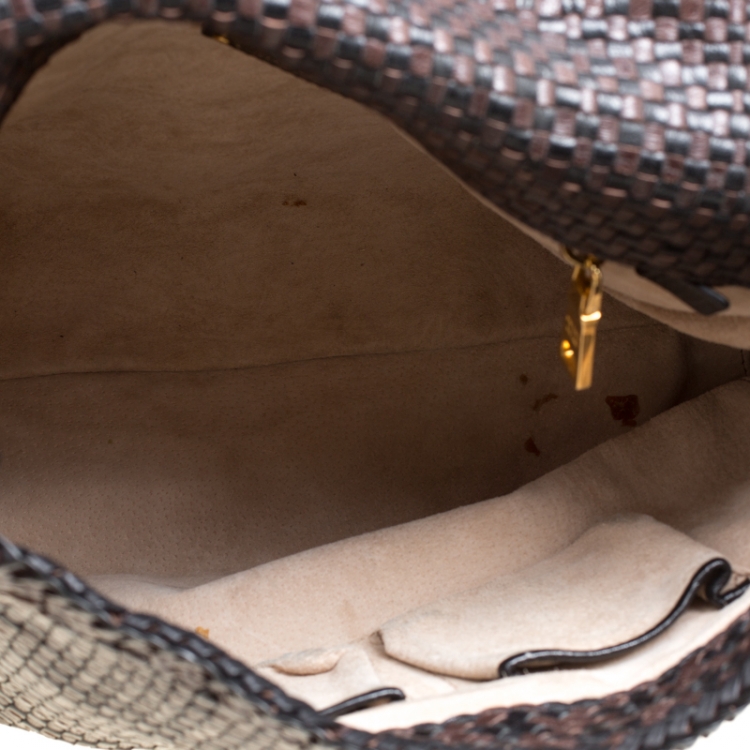 Pre Owned Prada Brown Woven Leather Madras Top Handle Bag