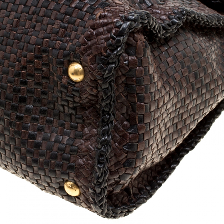 Pre Owned Prada Brown Woven Leather Madras Top Handle Bag