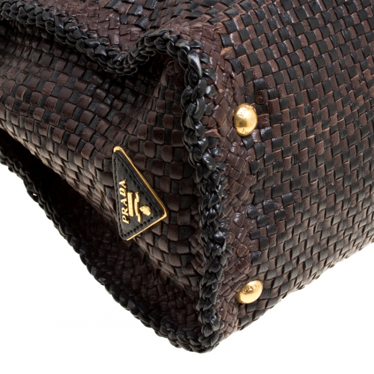 Pre Owned Prada Brown Woven Leather Madras Top Handle Bag