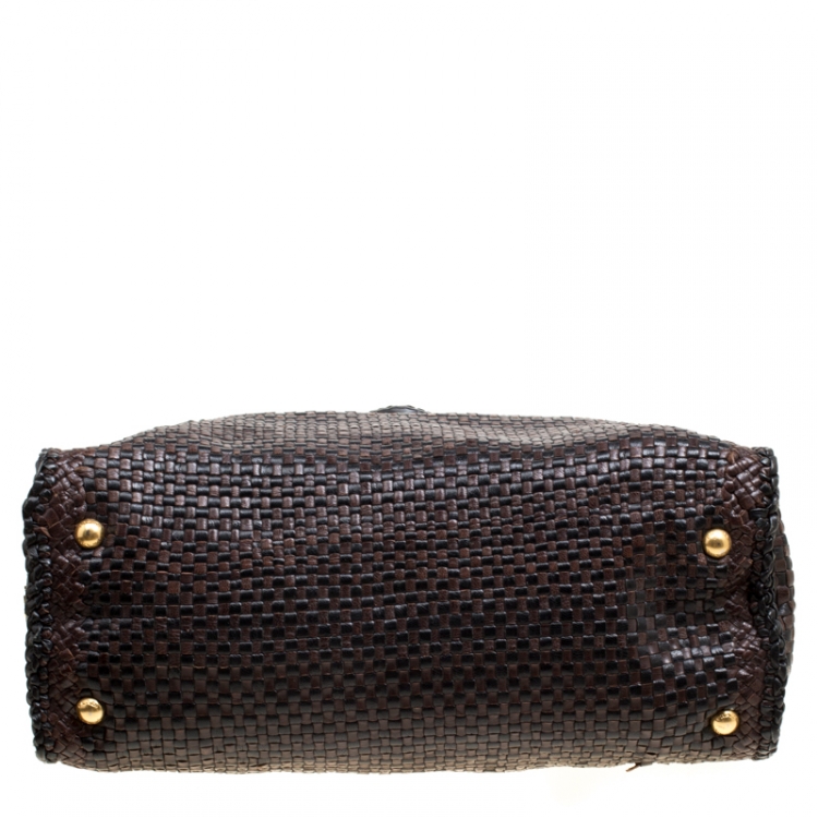 Pre Owned Prada Brown Woven Leather Madras Top Handle Bag