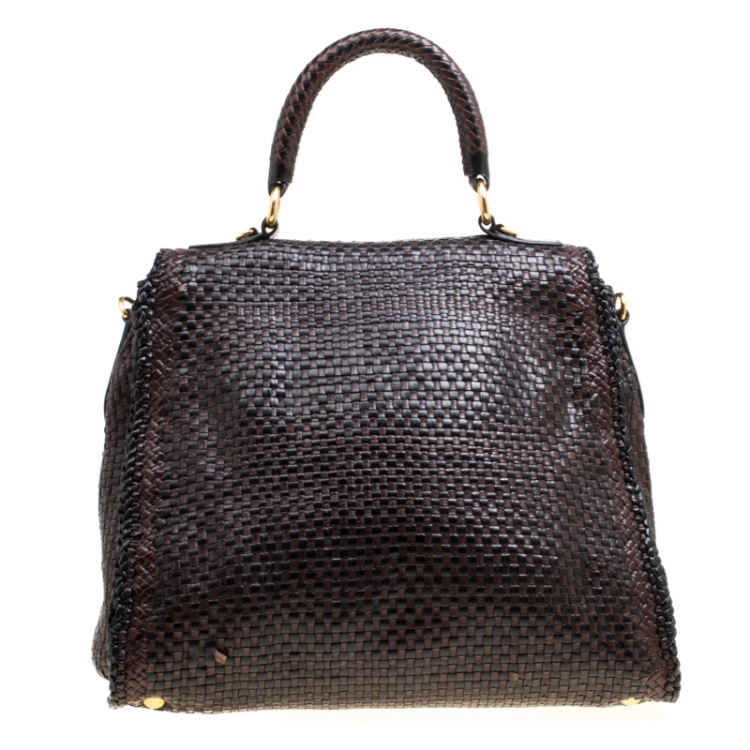 Pre Owned Prada Brown Woven Leather Madras Top Handle Bag